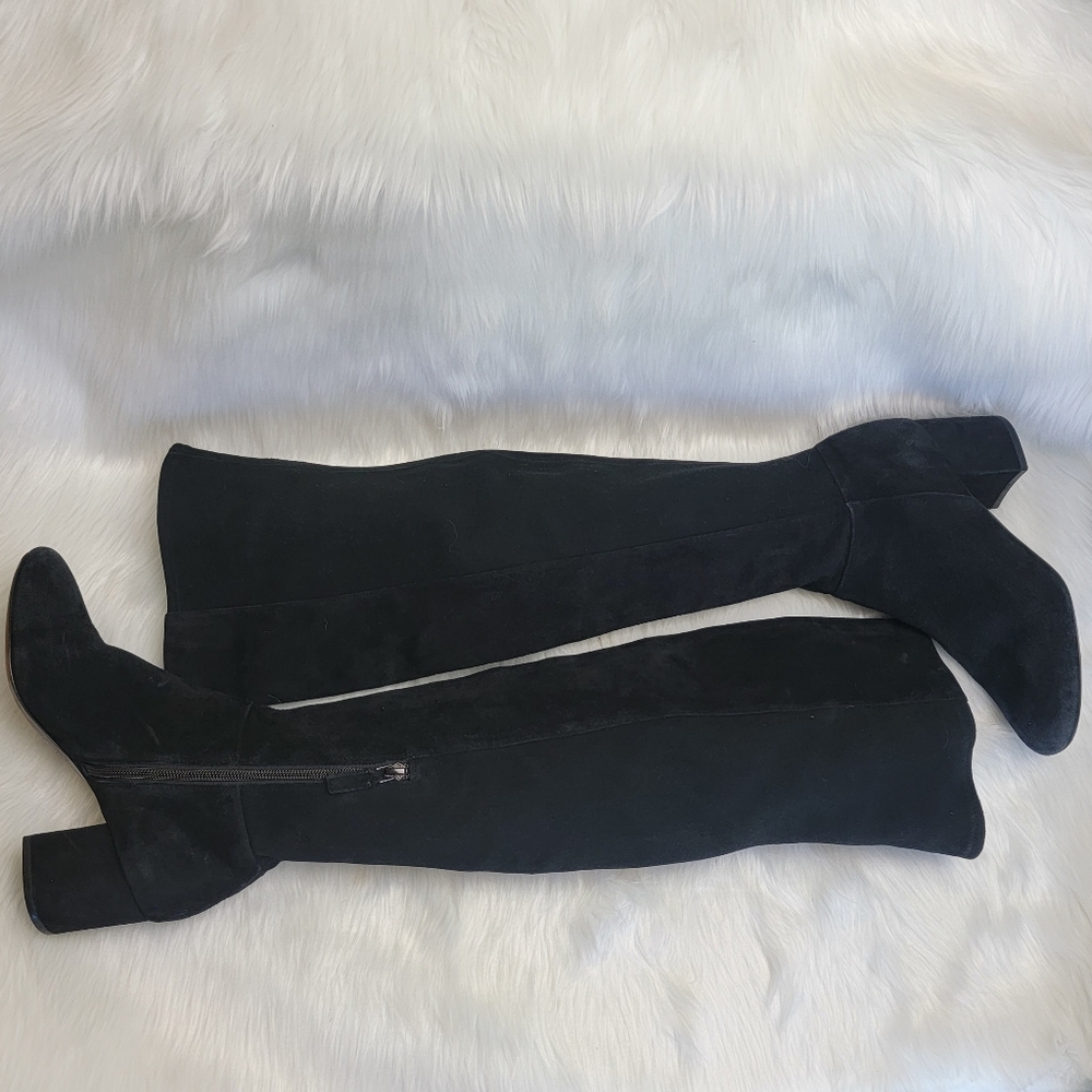 COLE HAAN Elnora Over the Knee Black Suede Pull On Block Heel Boho Sock Boots 7B